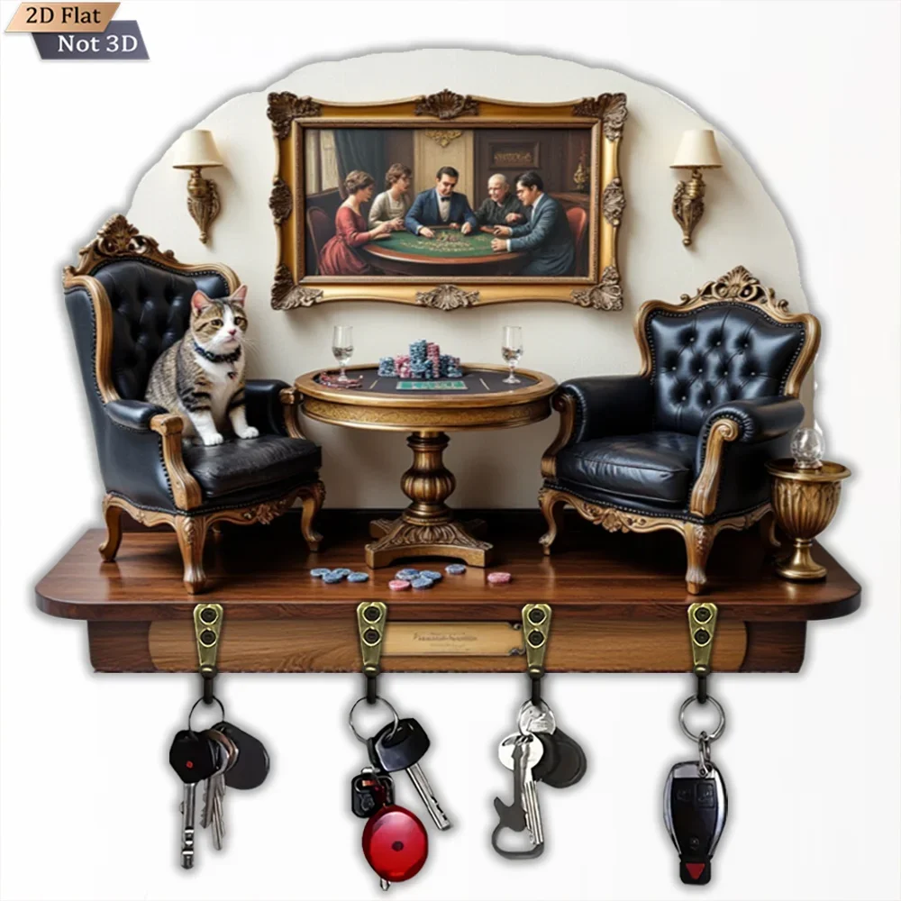 2D Flat, 1pc,  European - style carved wooden multi - functional home key hook, equipped with four metal hooks, wall