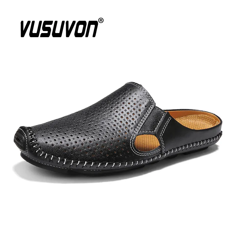 Men Slippers Genuine Leather Loafers Moccasins Outdoor Mules Non-slip Black Casual Slides Summer Spring Fashion Shoes