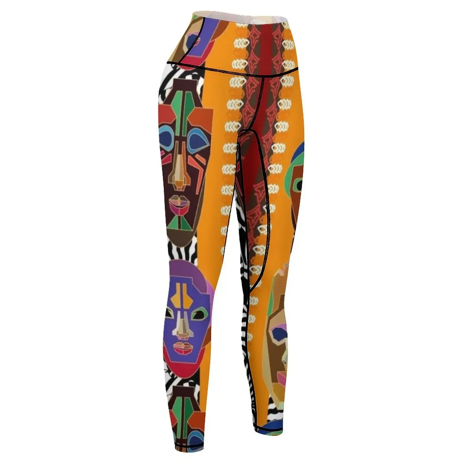 未発見のアフリカ。 エスニックプリントと模様化されたアフリカの部族マスク レギンス ジムウェア 女性用スポーツウェア レディースレギンス