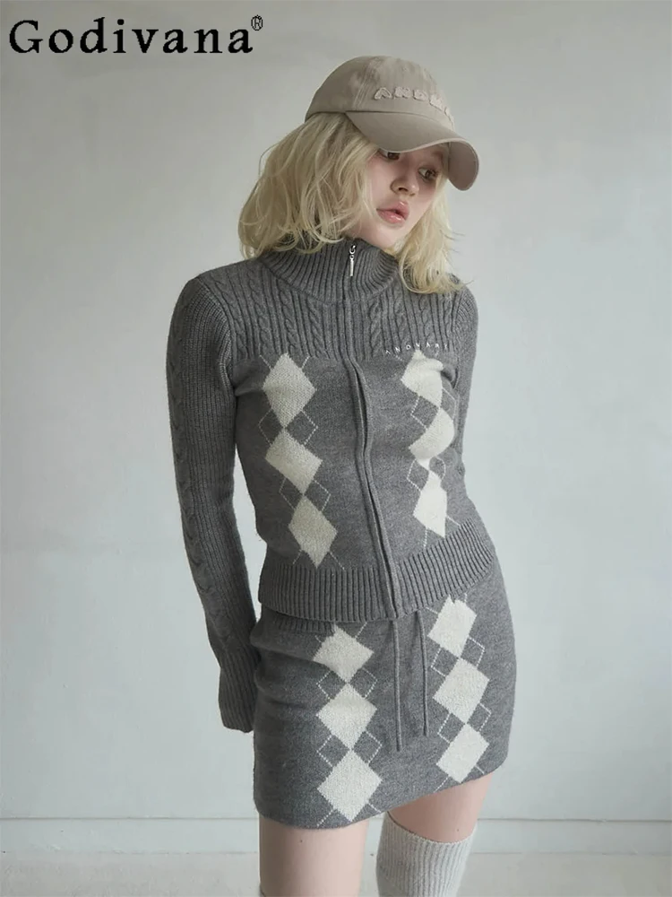 

Autumn New Japanese Sweet Fashion Knit Cardigan Jacket Skirt Vest 3-Piece Set Spring Women's Slim Fit Daily Basic Casual Outfits