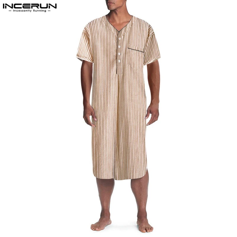 Men Striped Sleep Robes Short Sleeve V Neck Cotton 2024 Comfortable Male Bathrobes Dressing Gown Leisure Homewear Men INCERUN