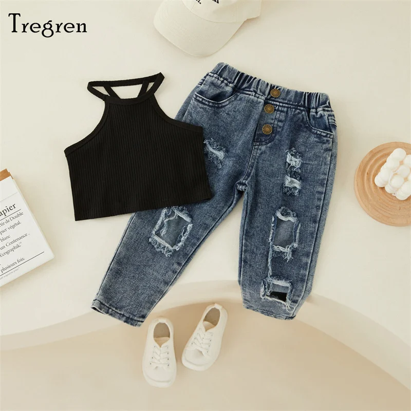 Tregren Girls Summer Outfits Fashion Kids Off-Shoulder Sleeveless Tank Tops + Ripped Jeans with Pockets Clothing For 18M-6Yrs