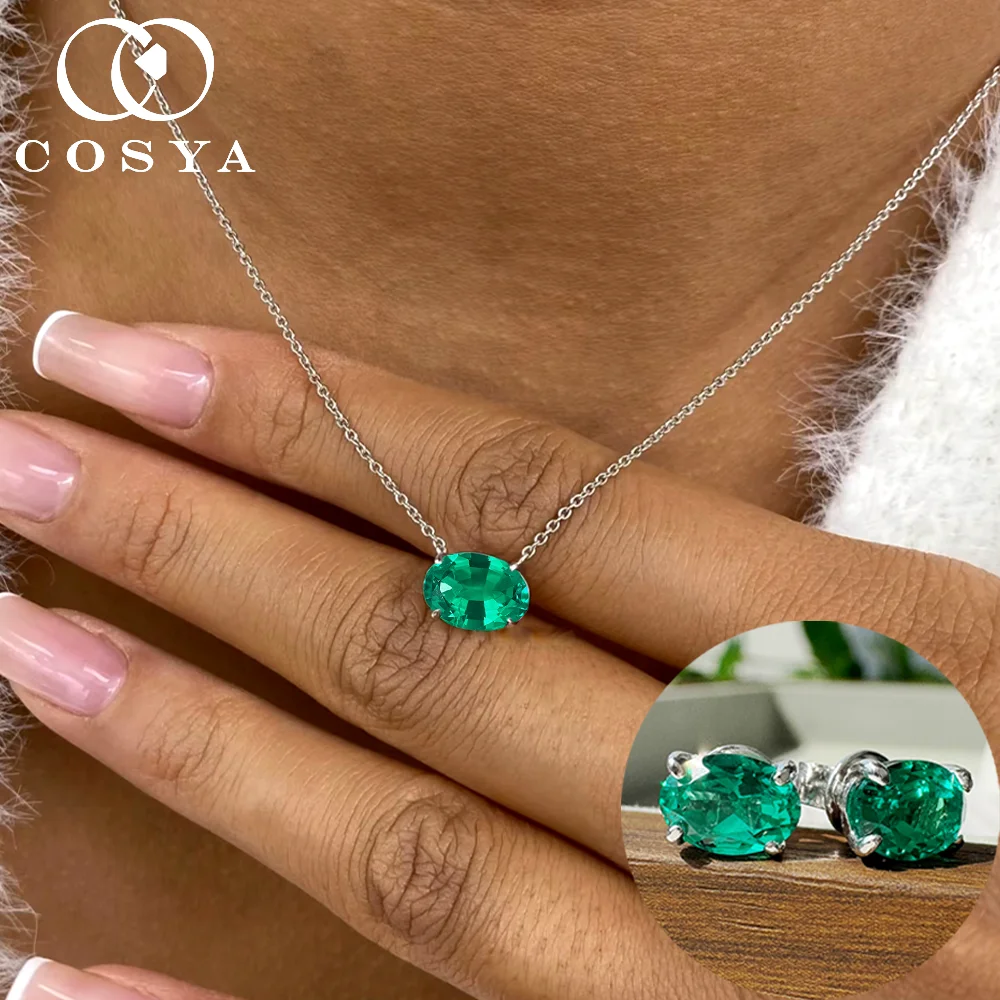 

COSYA 1-2CT Oval Cut Lab Grown Colombian/Zambian Emerald Necklace/Earrings For Women S925 Silver Solitaire Wedding Fine Jewelry