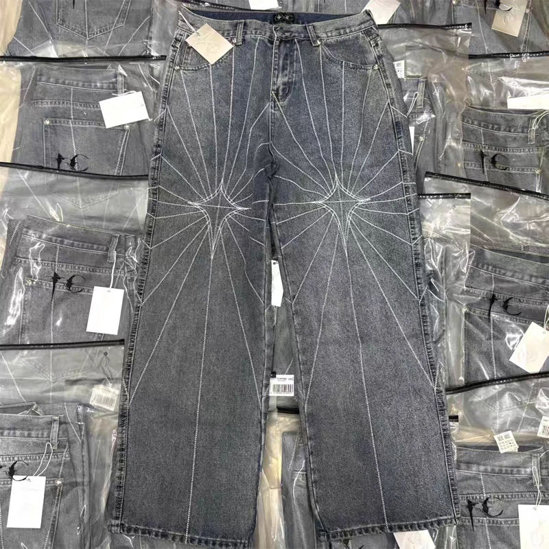 

Мужские клубные джинсы Thug с вышивкой, паутина, свободные джинсовые брюки со средней талией, винтажные повседневные широкие брюки с драпировкой