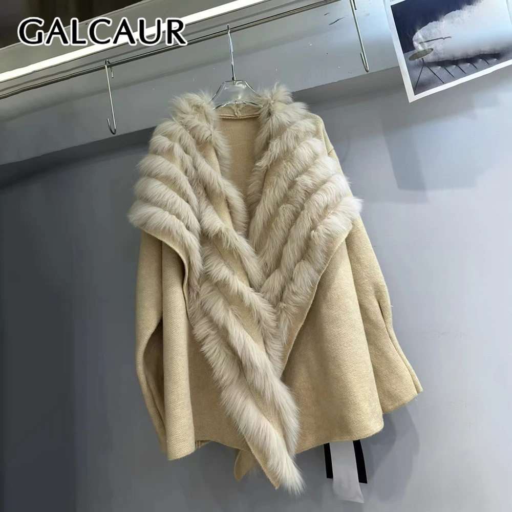 

GALCAUR Solid Spliced Fur Chic Jacket Female V Neck Long Sleeve Loose Minimalist Design Women's Jackets Autumn Fashion Style New