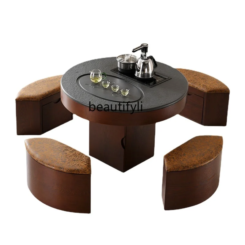 

Light Luxury round Firestone Kung Fu Tea Table Tea Table Balcony Table-Chair Set Household Minimalist