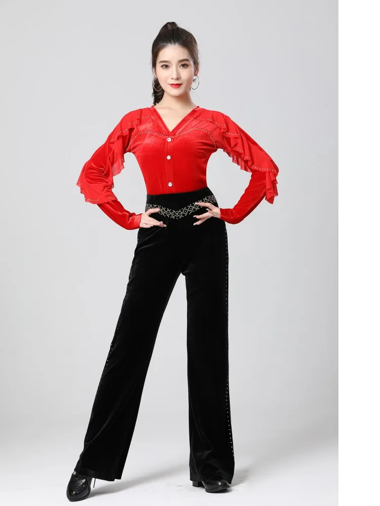 Ruffles Ballroom Dance Competition Girl top Dancewear donne latine Slim Fit Waltz Line Costume Luxury classic Urban t-shirt