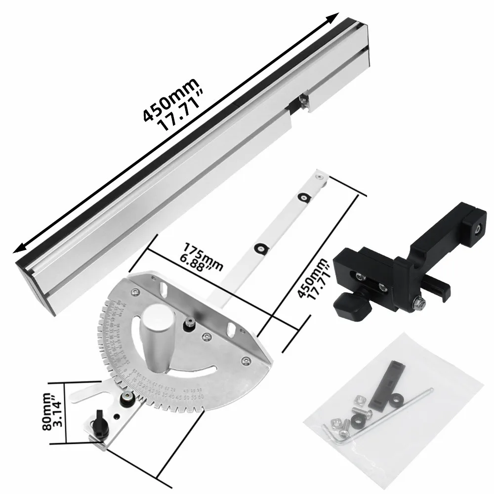 Woodworking Angle Miter Gauge Tenon Fence T Track Push Ruler Guide Router/Saw Table 450mm Mortise Tenon and Chute Stopper