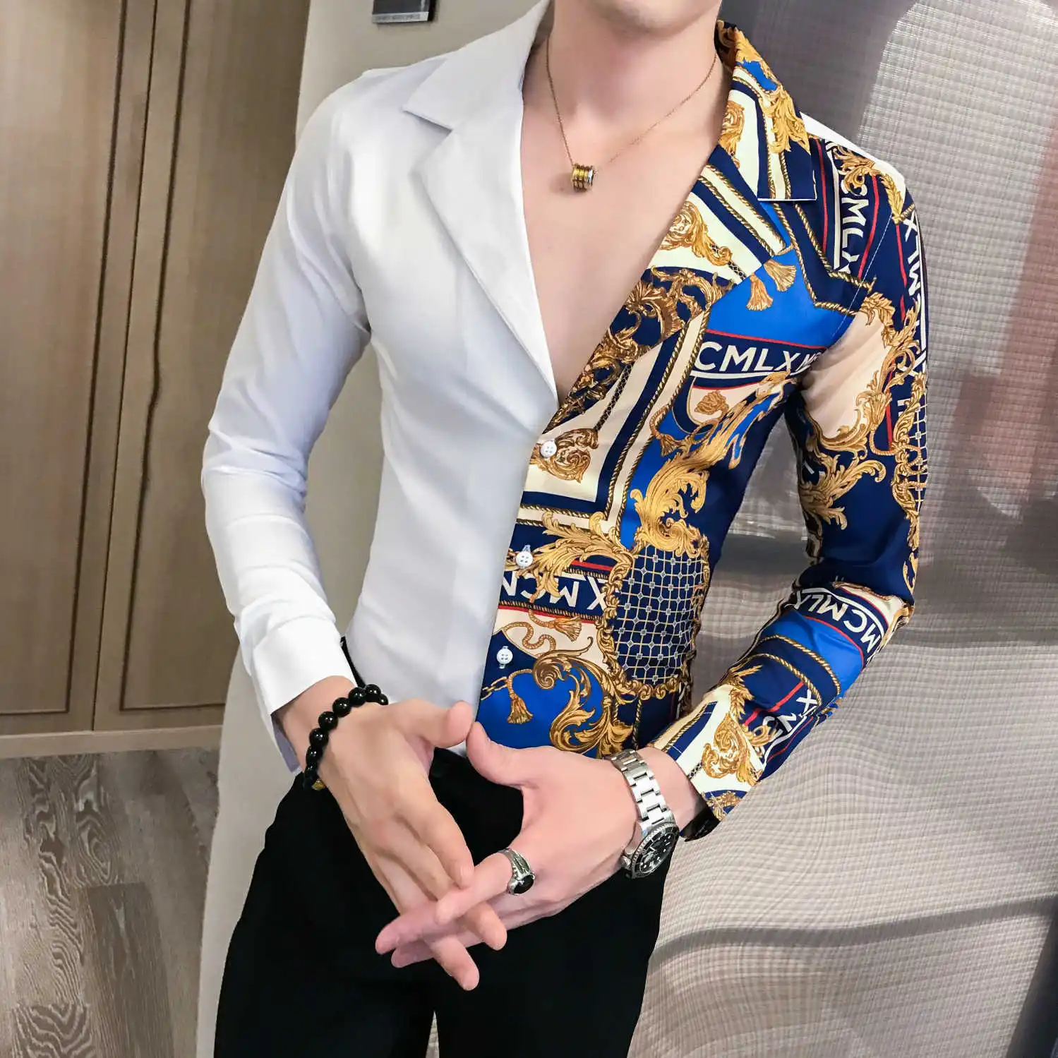 Luxury Black Gold Shirt 2019 Autumn Baroque Men Shirt Long Sleeve Patchwork  Casual Shirt Men Slim Fit Print Party Club Shirt