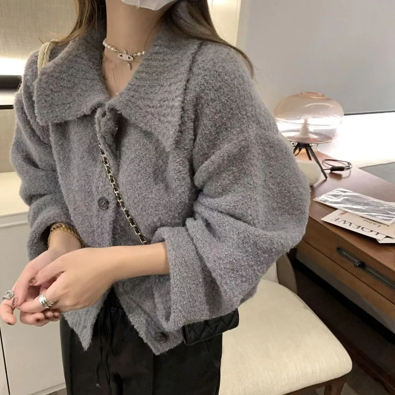 Knitted Cardigan Women Solid Fluffy Autumn Winter Tops Loose Gentle Turn-down Collar All-match Sweet Daily Female Korean Style