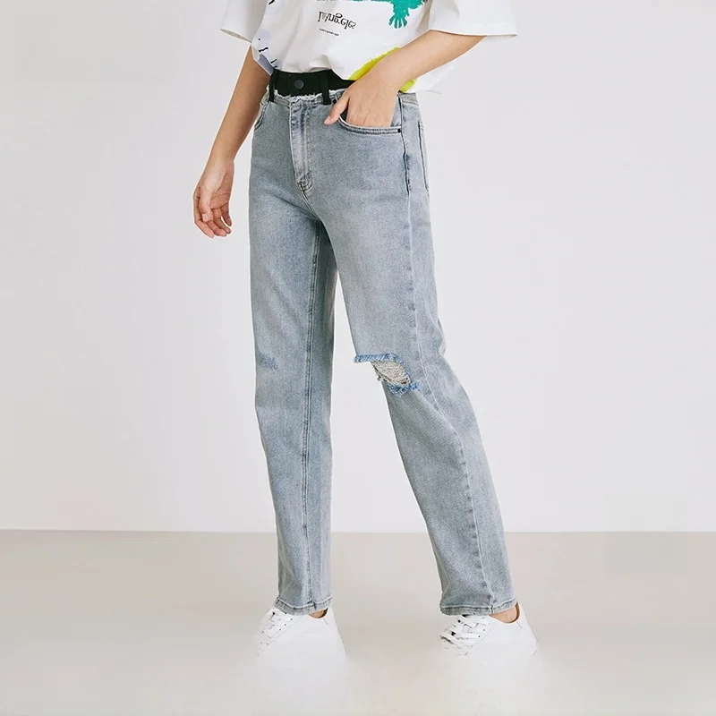 

URLAZH Retro Faion High Waist Loose Casual Denim Jeans Women's Long Pants Winter Collection Straight Leg Hole Design