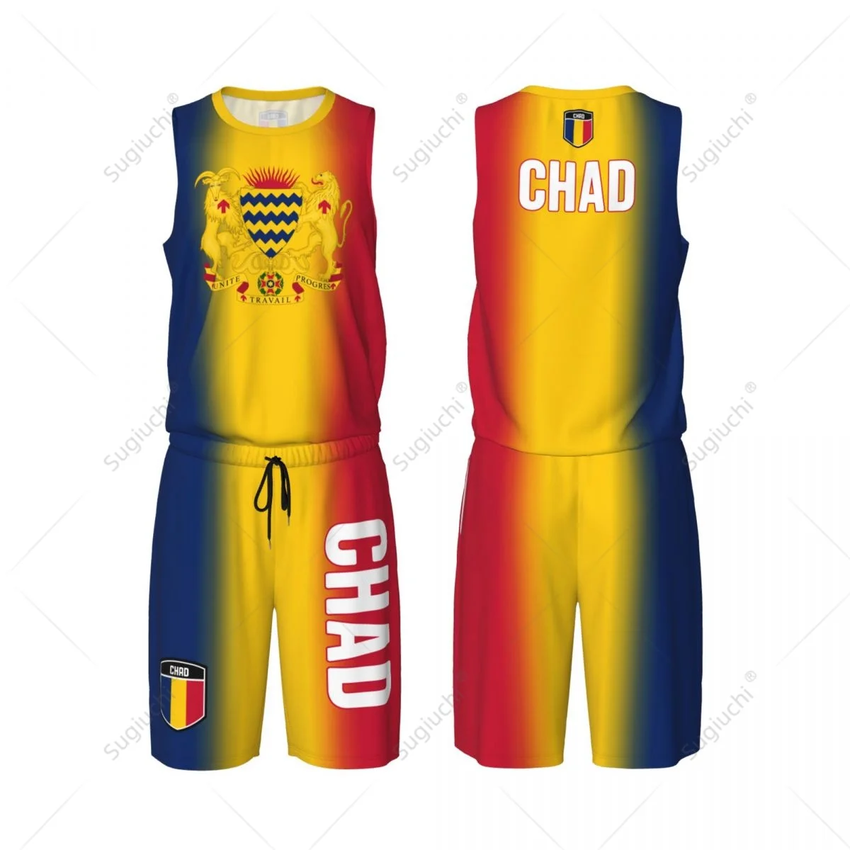 Conjunto de camisa de basquete masculino com bandeira Chad, camisa e calças de malha, sem mangas, exclusivo, nome personalizado, Nunber, unissex