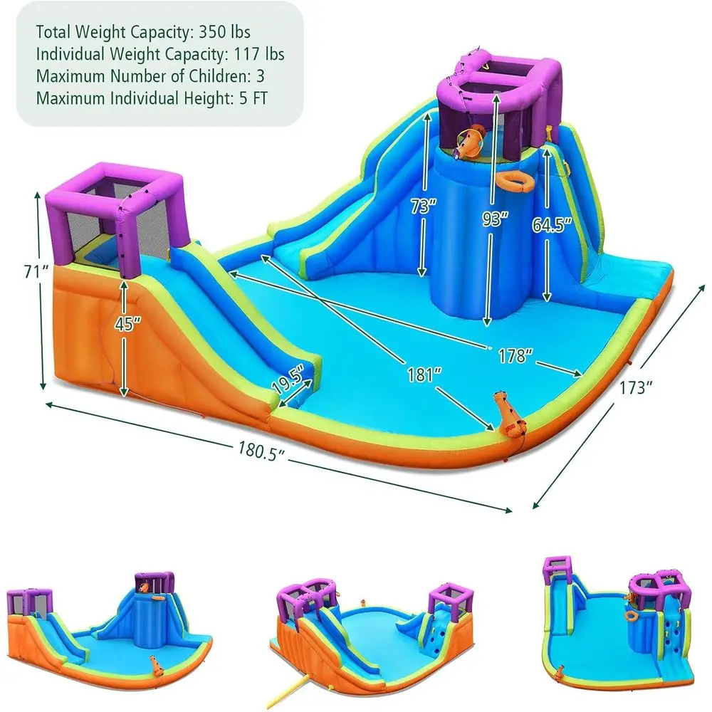 Iatable waterglijbanen voor kinderen, gigantische Splash n Slide waterkasteel met klimmuur en lange glijbaan, splashpool met waterpistool