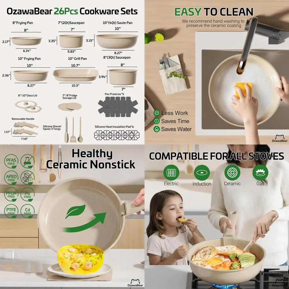 

Non-Stick 26-Piece Ceramic Cookware Set with Detachable Handles, Healthy and Oven-Safe, PFAS/PFOA/PTFE-Free, Taupe