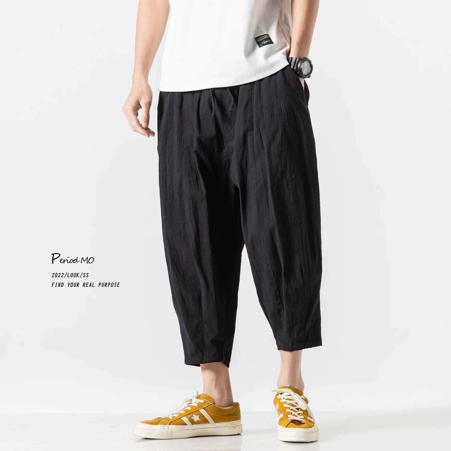 

FYRP Men's Casual Harajuku Seven-Five Pants Summer Thin Loose Wide Leg Eight-Piece Jeans Low Waist Straight Tube Trousers