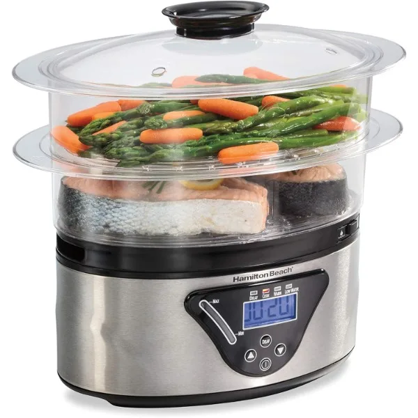 Hamilton Beach Digital Electric Food Steamer & Rice Cooker for Quick, Healthy Cooking for Vegetables and Seafood, Stackable