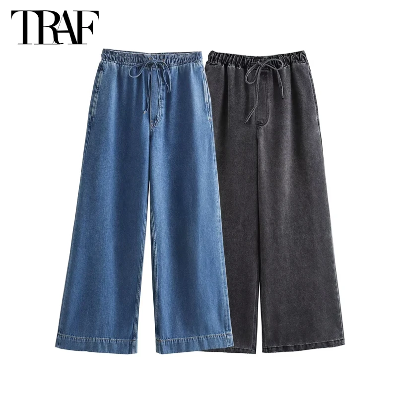 TRAF Denim Wide Leg Pants for Women Pleated High Waist Women Pants Sets Casual Baggy Pants Woman Trousers Women\'s Jeans Pants