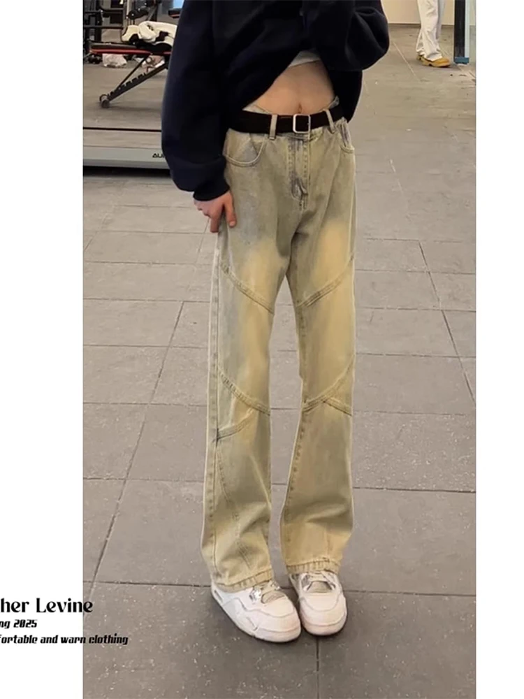 

Мужские джинсы в стиле пэчворк с талией American Vibe, желтые расклешенные ножи цвета грязи, узкие прямые джинсы с высокой талией High Street