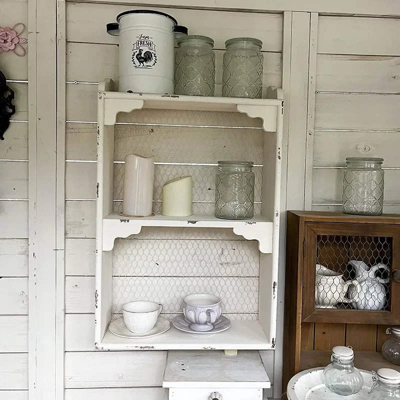 American Natural Old Wood Wall Cabinet Storage Shelf Wall Cabinet Living Room Kitchen Multi-Purpose Hanging Rack Vintage Display