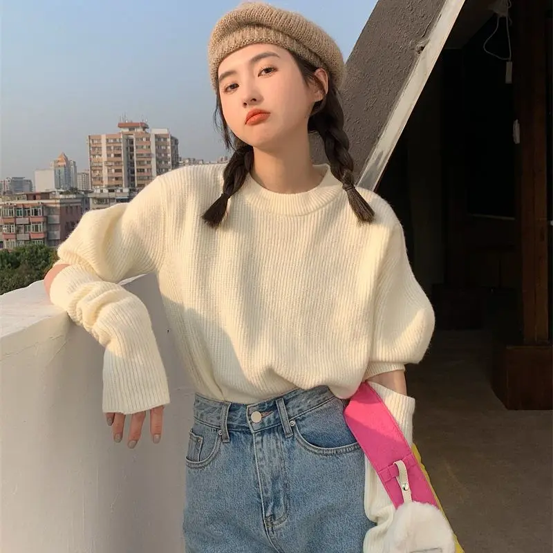 Knitted Pullovers Women Hotsweet Puff Sleeve Spring Casual Streetwear Fashion Ins Chic Simple Ulzzang College Sweaters with Cuff