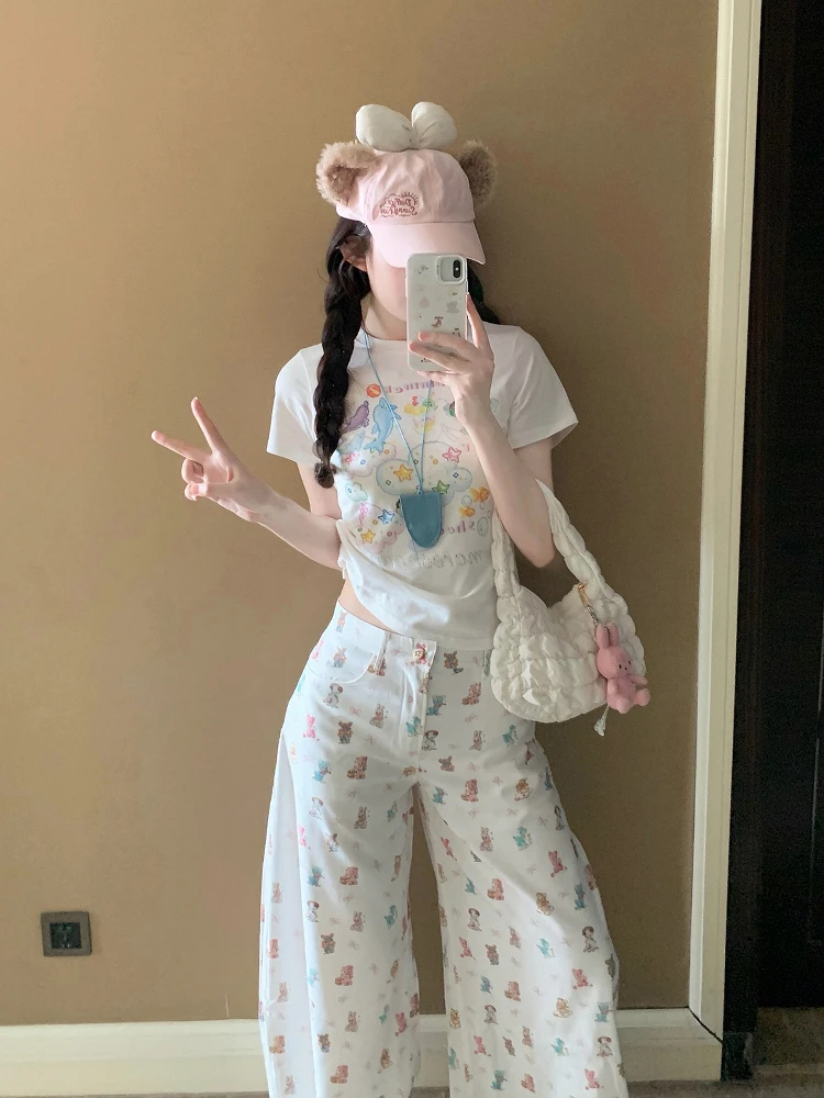 

Футболка Sweet School Sle Sakura Dolphin Pixel с мультяшным принтом ort Sve длиной до плеч, круглый облегающий топ Young Looking