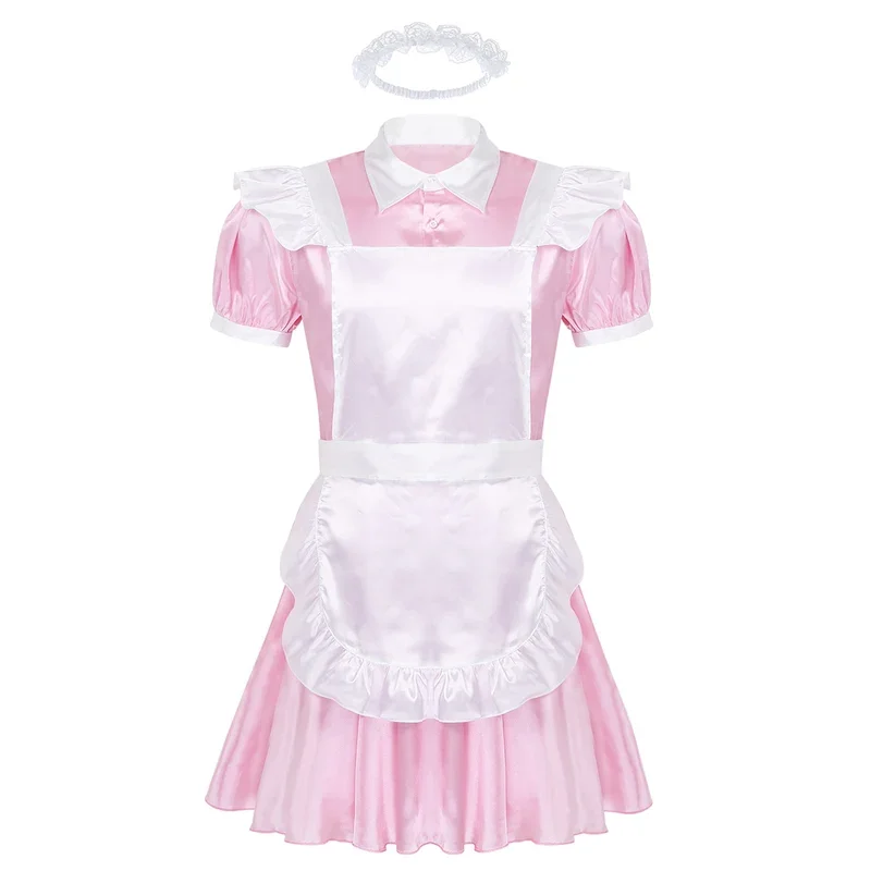 Mens sippy maid cosplay costume puff sleeve satin French apron servant babydoll dress roleplay gay crossdress nightwear