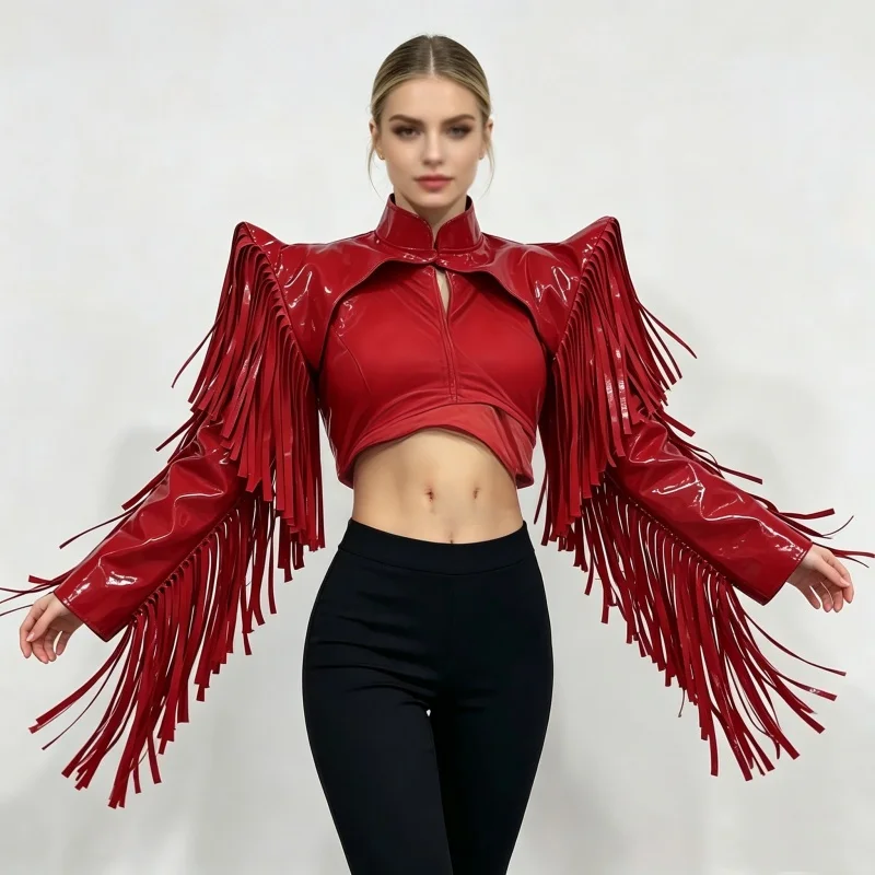 Women's Red Leather Tassel Fly Shoulder Pads Jazz Singer Armor Waistcoat for Stage Performance Queen Dance Costume Accessories