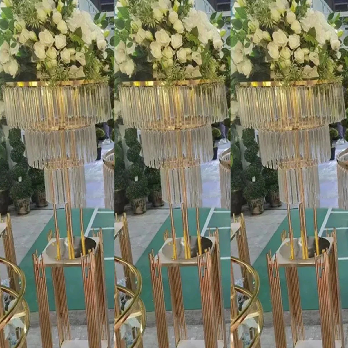 6pcs)Top Ranking 3  layers Tall Gold Metal Crystal Flower Stand For Wedding Table Centerpiece Decoration