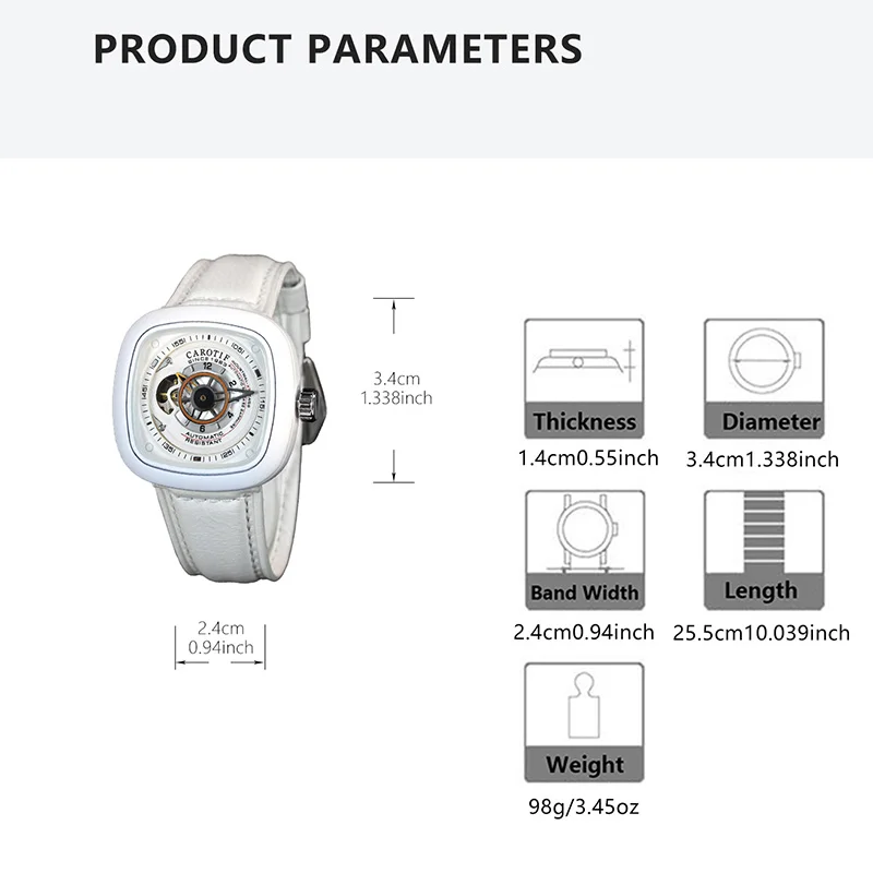 A men's white leather belt innovative sports watch with Arabic numerals, compass, and fully automatic mechanical movement