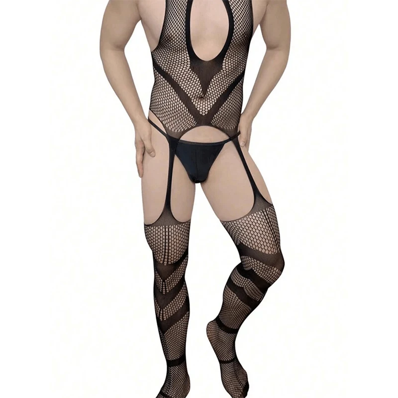 Bodysuit sexy crotchless masculino, lingerie erótica, meia-calça arrastão, roupas íntimas, fantasias e ligas, macacão