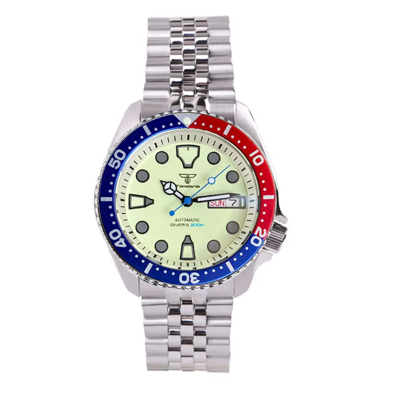 Tandorio 41mm NH36A Mechanical Men Watch 3.8 Crown Full Green Luminous Beige Dial Date/Weekday Window Jubilee Bracelet image 3