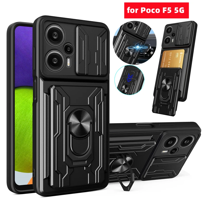 PocoF5 Case Slide Camera Lens Protect Shockproof Armor Cases For Xiaomi Poco Poko Little F5 F 5 5G Card Slot Bracket Back Cover