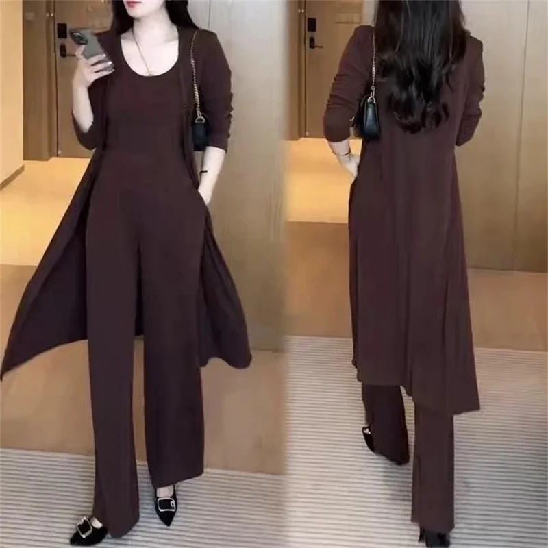 Middle Aged Mother Fashion Three Piece Straight Leg Pants Set Autumn Ladies Wide-leg Pants Suit Korean Femme Large Size 5XL 3PCS