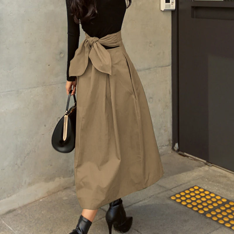 Skirts Womens Korean Fashion Solid Color Big Swing Ladies Skirt Long Skirt 2022 Autumn Wild High Waist Bow Slim Skirts