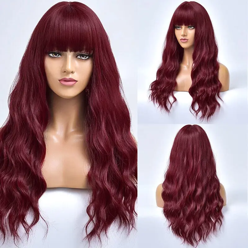 Red Wig With Bangs Long Curly Wavy Wig