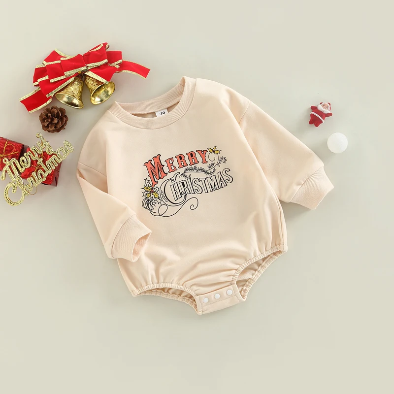 Baby Sweatshirt Romper Christmas Letter Floral Print Long Sleeve Bodysuit Girls Boys Xmas Clothes Outwear