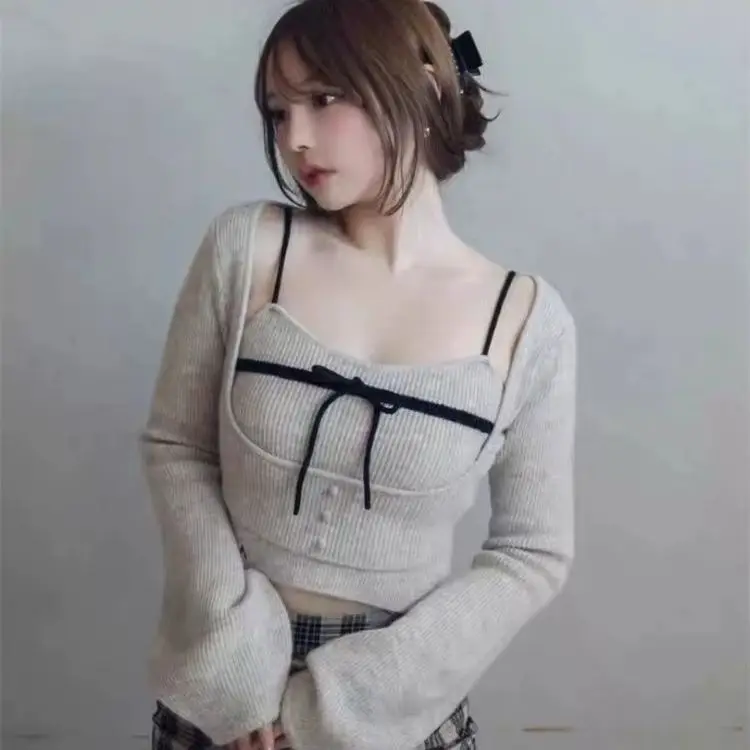 

Square Neck Sweater Women Bow Autumn Clothing 2024 New Slim Short Hot Girl Bottoming Shirt Top