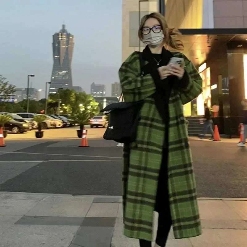 

Yellow Bright Coat Positive Negative Two Wear Wool Coat Female 2023 Autumn/winter New 100 Matching Plaid Medium Long Coat Female
