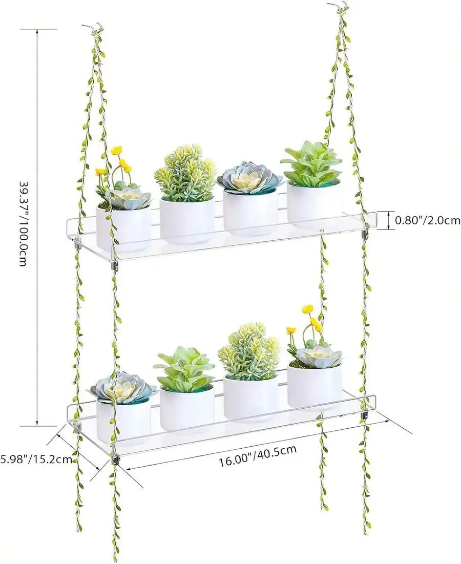 Acrylic Window Boxes Window Plant Shelves 2 Tier - Clear Hanging Shelf Indoor Jute Twine Adjustable Plant Holder For Window Wall