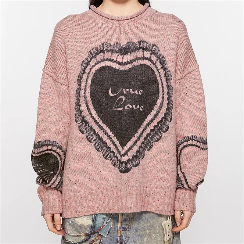 Women's sweater New autumn 2024 heart-shaped printed round neck long sleeved top Elastic knitted pullover y2k Loose fit knitwear