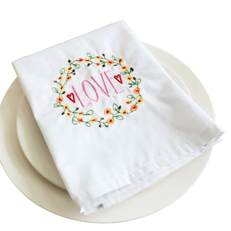 Embroidered Napkins White Dinner Cloth Letters Floral Reusable Table Dish Cotton Mat Pad Embroidery Household Decoration Towels
