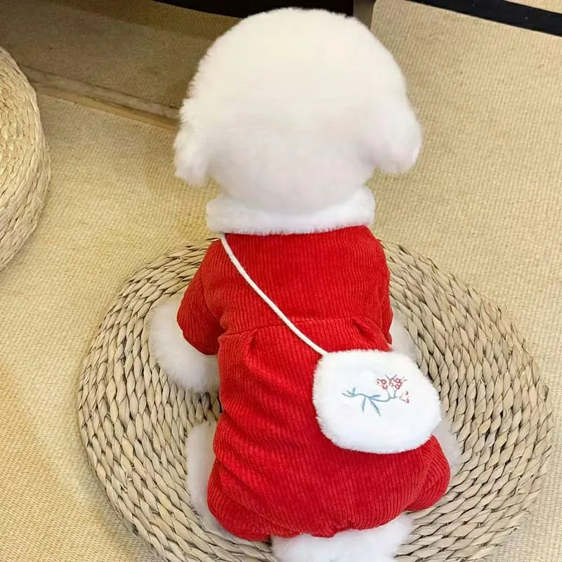 Vêtements en coton à quatre pattes pour chiens de compagnie, vêtements chauds en peluche, combinaisons brodées, manteau épaissi pour chiot, Yorkshire Lame, hiver