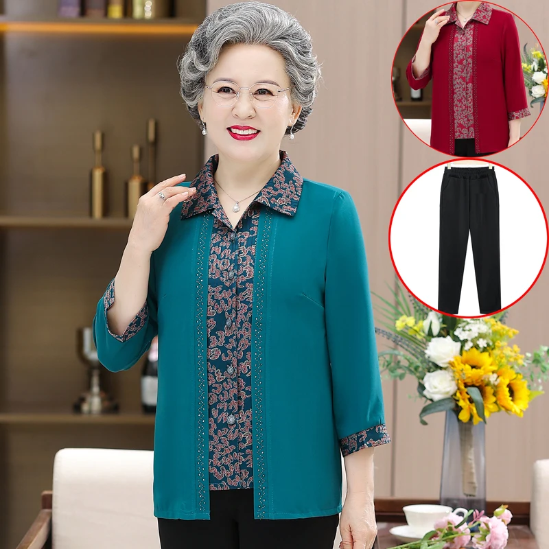 

New Elderly Grandma Blouses Shirts Spring Summer Large Size 5XL Casual Cardigan Coat Middle-aged Mother Chiffon Blusa Women Tops