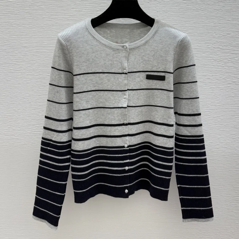 

High-quality color-blocked striped patchwork women's cardigan with round neck and single button closure sweater 251028129