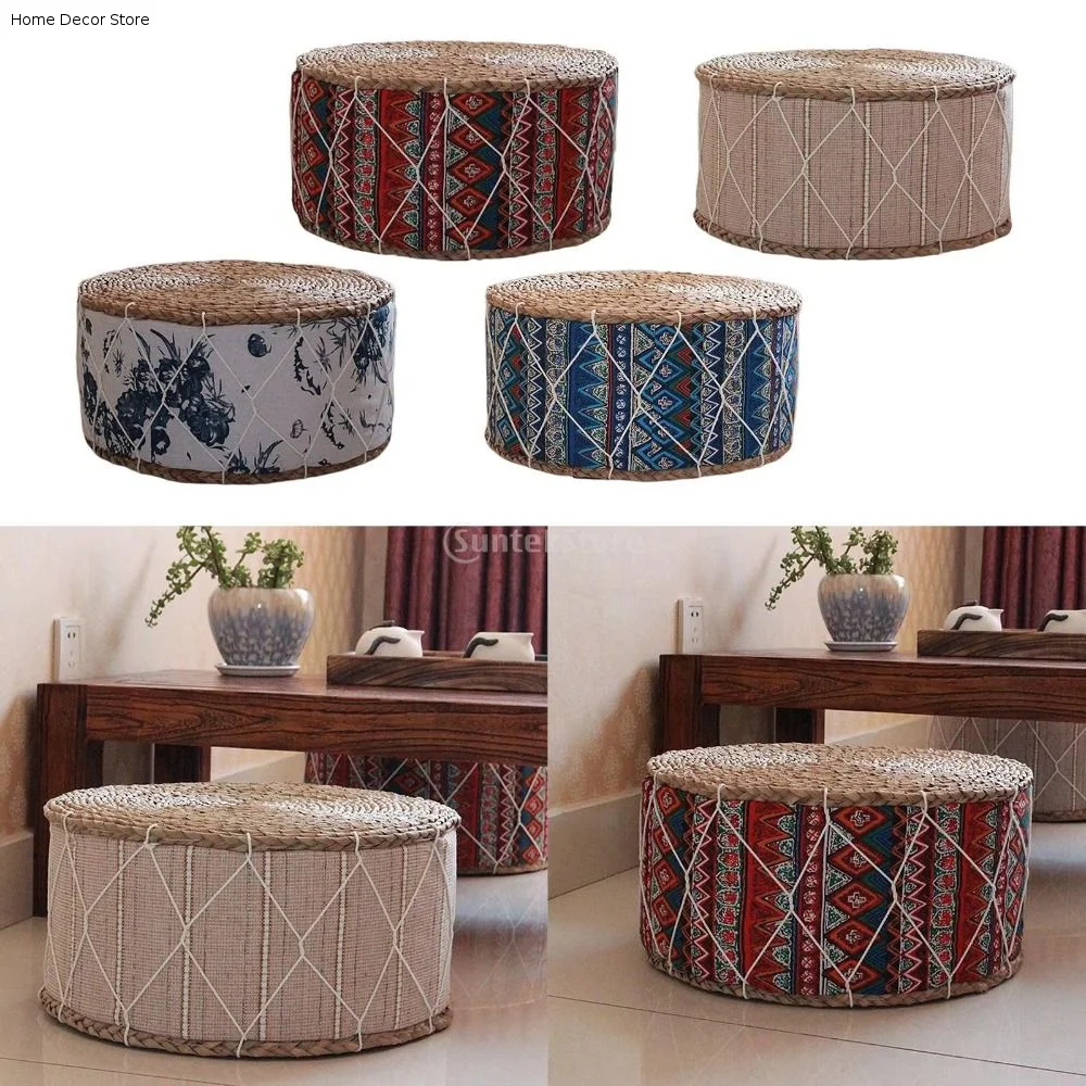 Hand-Woven Floor Cushion Round Shape Portable Design Woven Stool Durable Material Natural Straw Zafu Cushion Bedroom Use