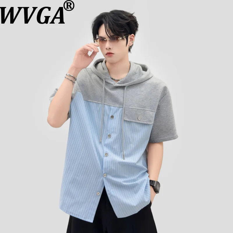 WVGA Summer New Men's High-end Color-blocked Hooded Sweatshirt Versatile Short Sleeved T-shirt Niche Chic Casual Tops Ins W27181