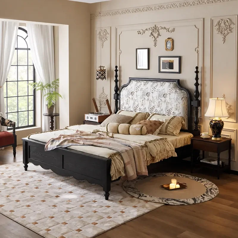 Retro Solid Wood Bed 1.8m Double Master Bedroom Pillar Bed Black Medieval Style Small Apartment Soft Upholstered Bed