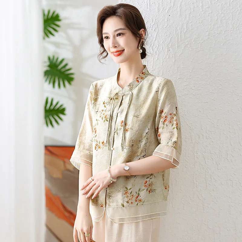 Dress with Western Style New Chinese Style Buckle Retro Ethnic Style Mesh Sleeve Splicing Double-layer Shirt for Women