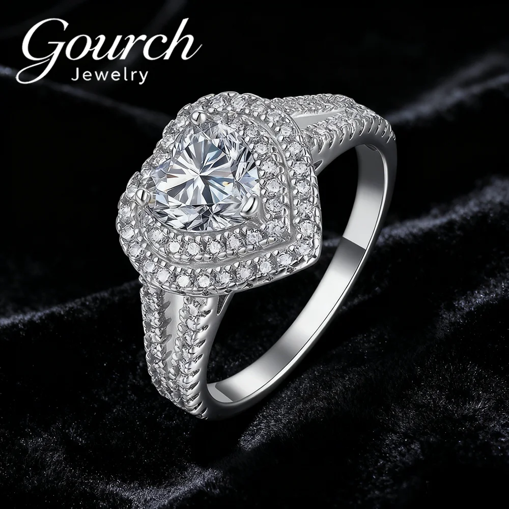 

Gourch D VVS1 1CT Double Heart Halo Heart Cut Moissanite Ring S925 Silver Sparkling Engagement Birthday Jewelry Gift for Women