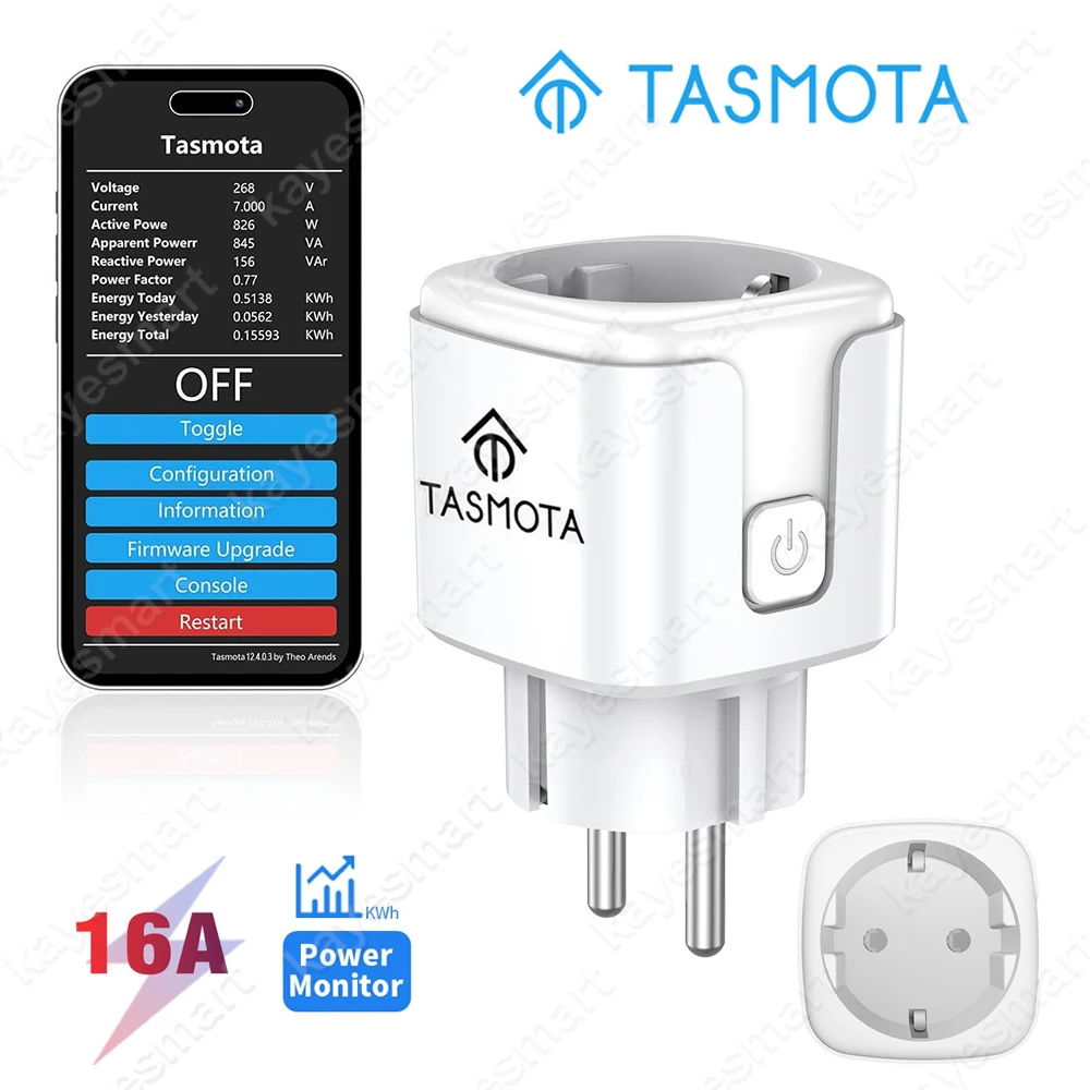 Tasmota prise intelligente pré-fléchée TASMOTA micrologiciel WiFi prise ue 16A avec surveillance de l'alimentation 100-240V fonctionne avec Home Assitant MQTT